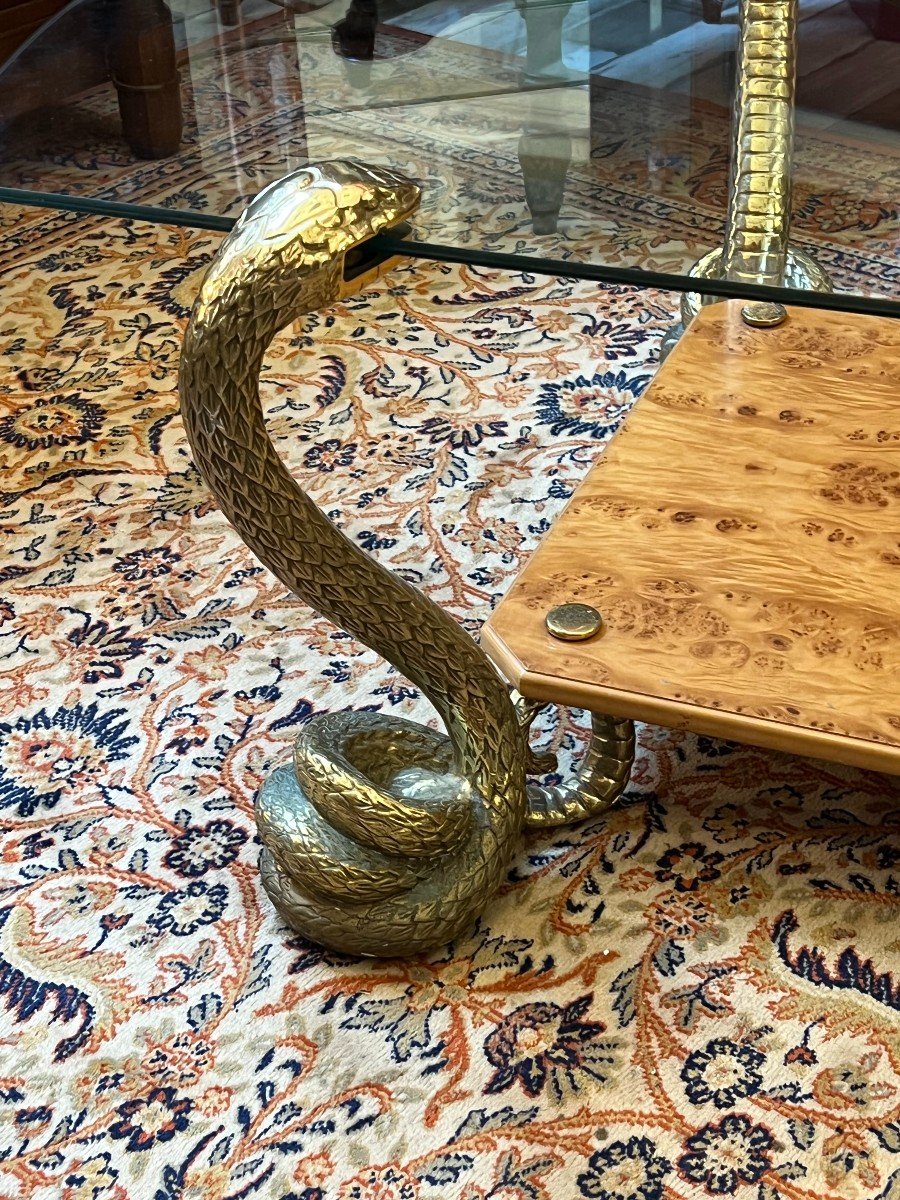 Table Basse 70's, design, 4 Pieds Cobra En Bronze Massif, Plateau Verre-photo-6