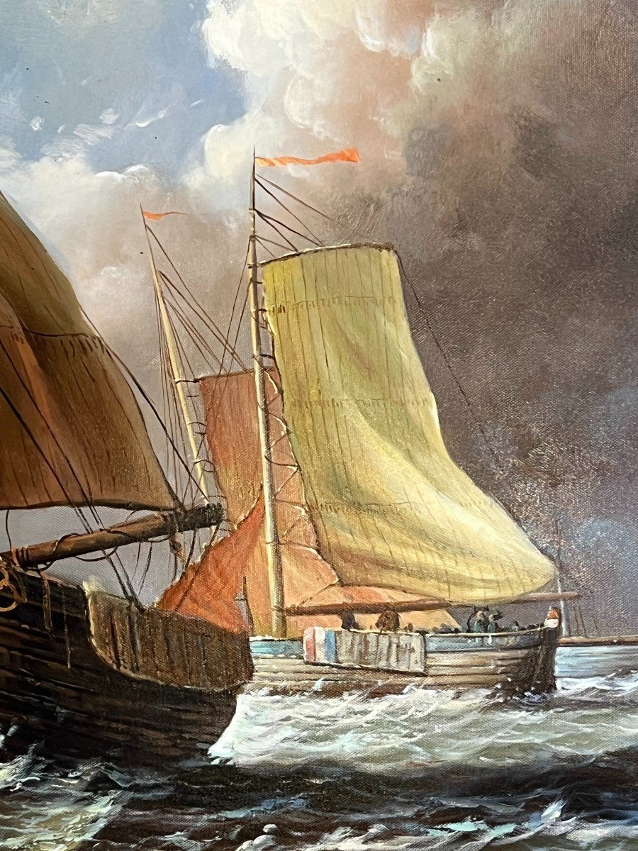 John Russel Chancellor (1925-1984) Rare On The Market, Oil On Canvas, Marine, Boats-photo-3