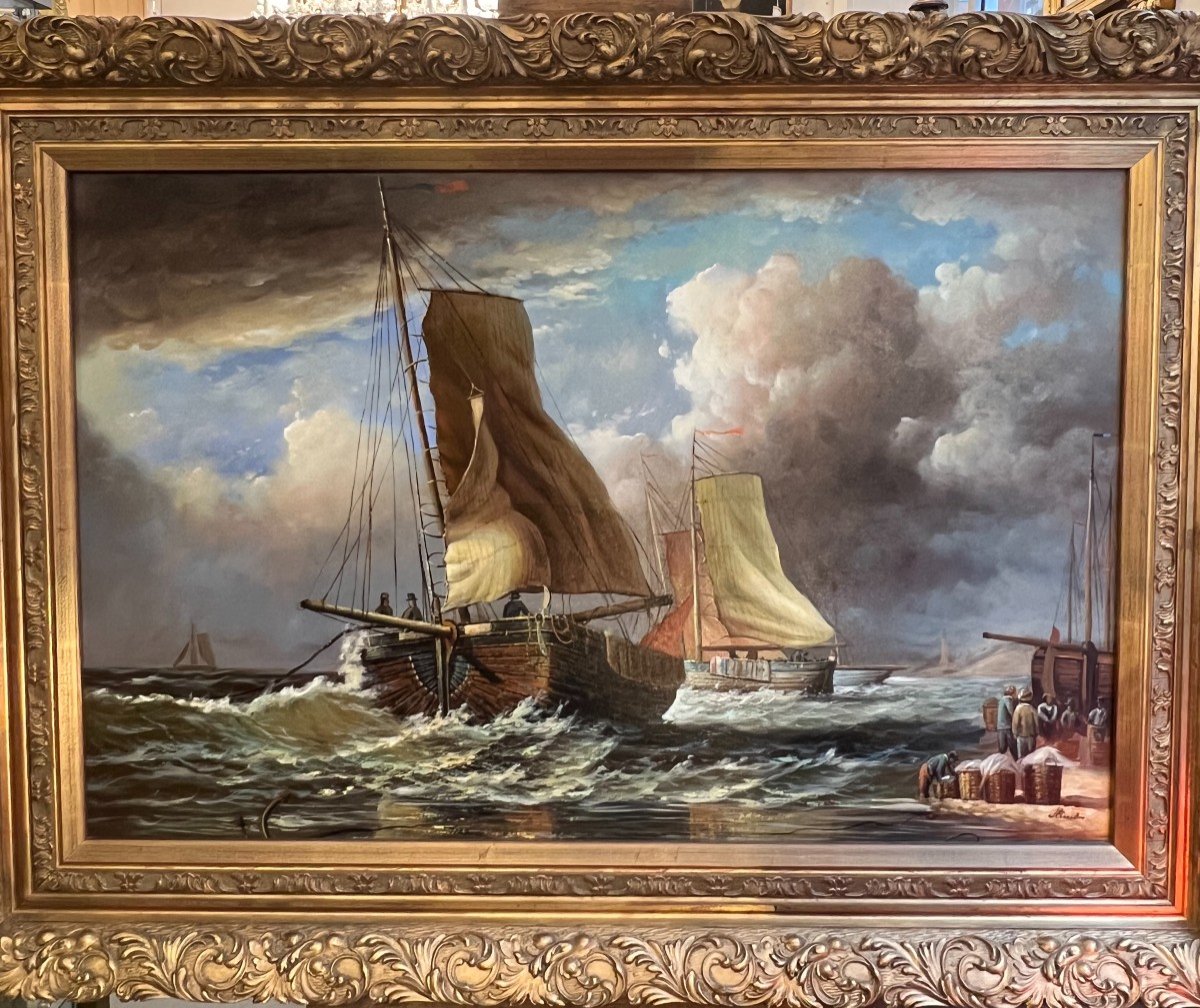 John Russel Chancellor (1925-1984) Rare On The Market, Oil On Canvas, Marine, Boats