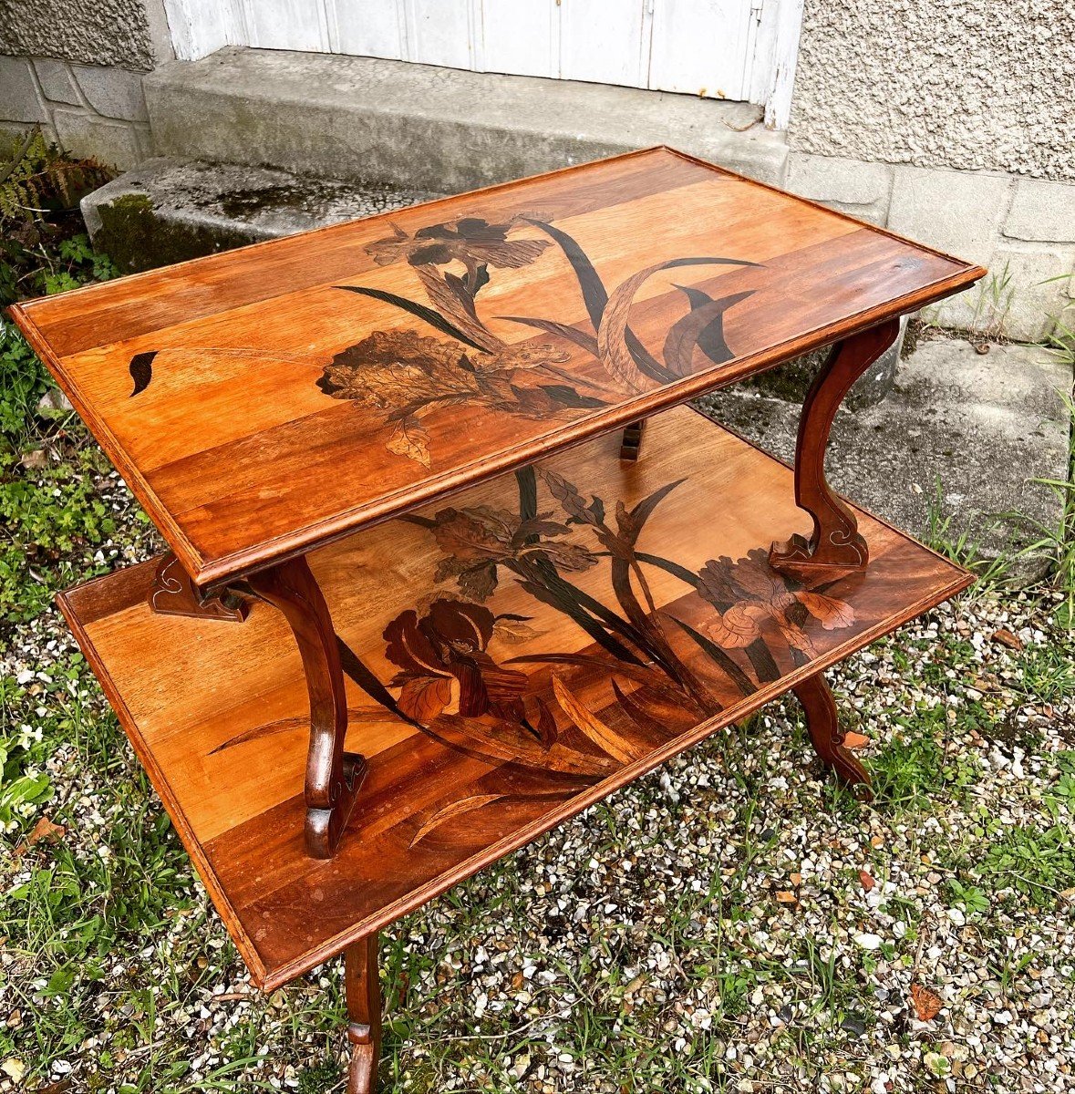 Belle Table à Thé, Emile Gallé, Sur Deux Plateaux, Marqueterie, Première Période-photo-1