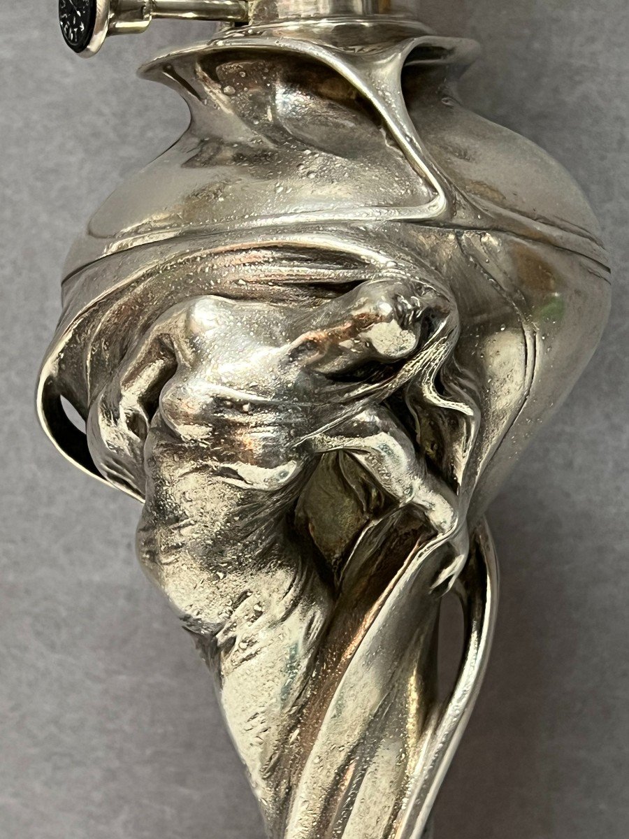Charles Emile Jonchery ( 1873-1937 ) Pied De Lampe à Pétrole En Régule Argenté Art Nouveau-photo-2