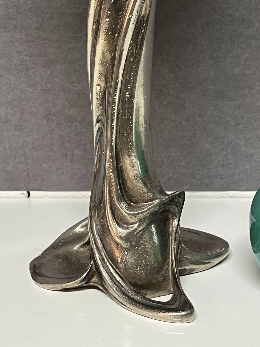 Charles Emile Jonchery ( 1873-1937 ) Pied De Lampe à Pétrole En Régule Argenté Art Nouveau-photo-3