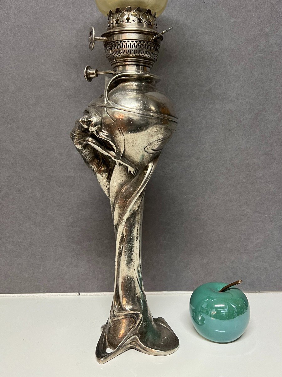 Charles Emile Jonchery ( 1873-1937 ) Pied De Lampe à Pétrole En Régule Argenté Art Nouveau-photo-4