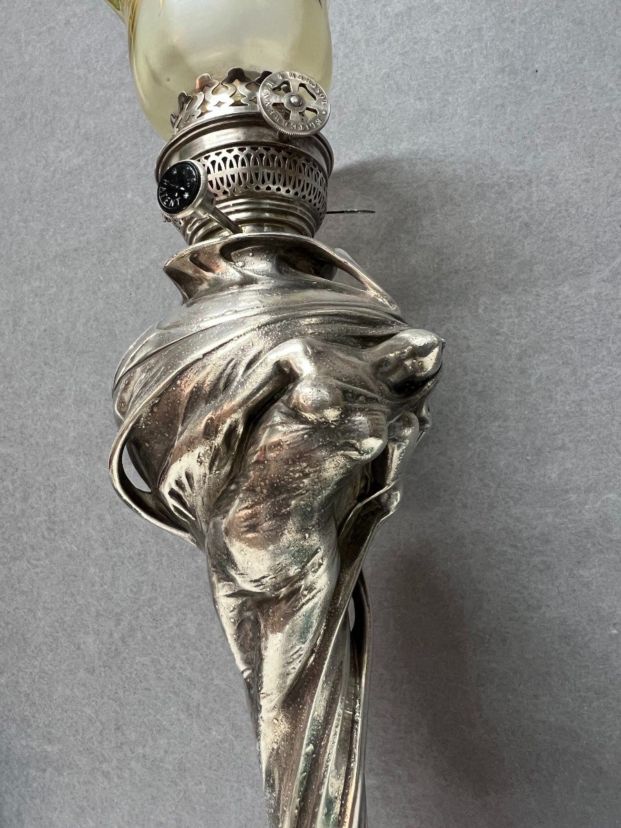 Charles Emile Jonchery ( 1873-1937 ) Pied De Lampe à Pétrole En Régule Argenté Art Nouveau-photo-6