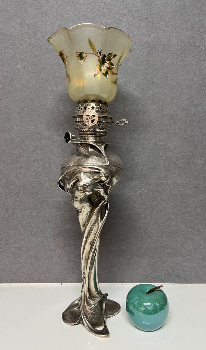 Charles Emile Jonchery ( 1873-1937 ) Pied De Lampe à Pétrole En Régule Argenté Art Nouveau