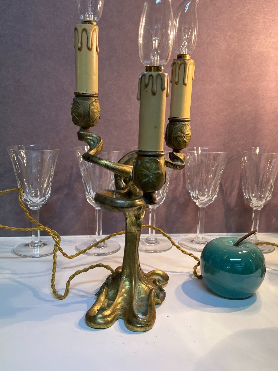 Pair Of Candelabra Candlesticks In Solid Gilt Bronze, Art Nouveau Period-photo-5