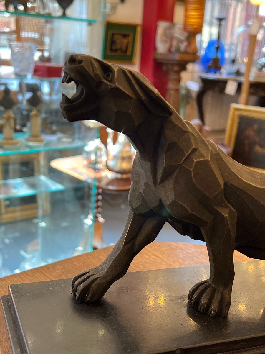 A. Notari, Cubist Sculpture 1930, Panther Spelter On Marble Base-photo-3