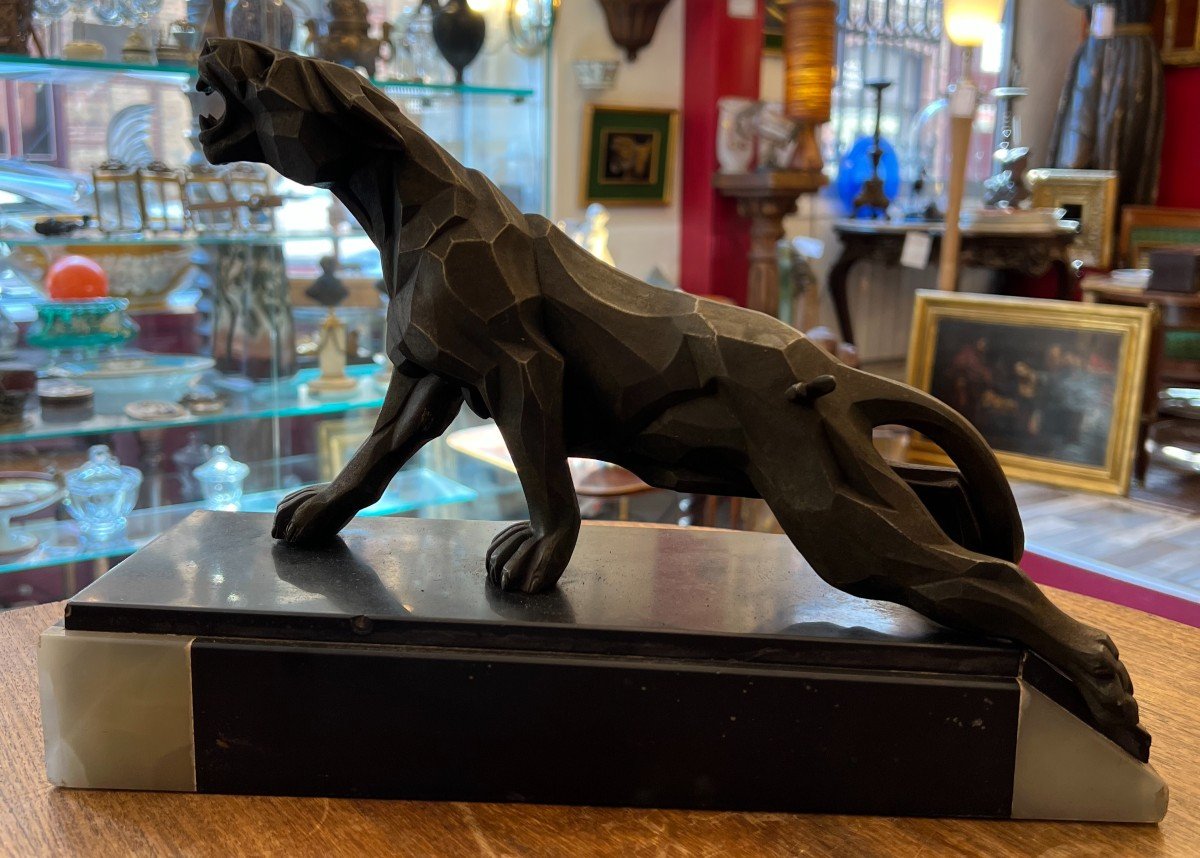 A. Notari, Cubist Sculpture 1930, Panther Spelter On Marble Base