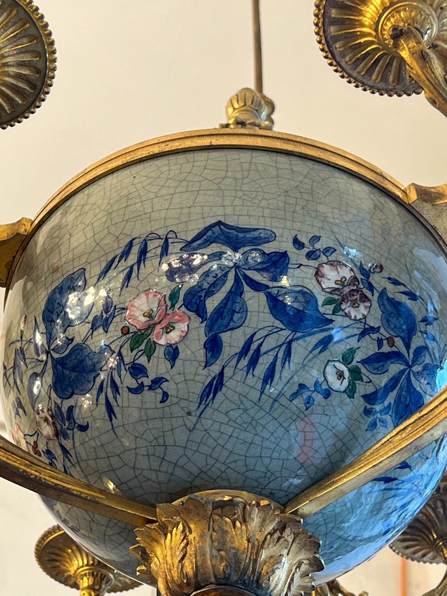 Pretty Antique Candle Chandelier, 19th Century, In Bronze And Earthenware, Napoleon III Period-photo-6