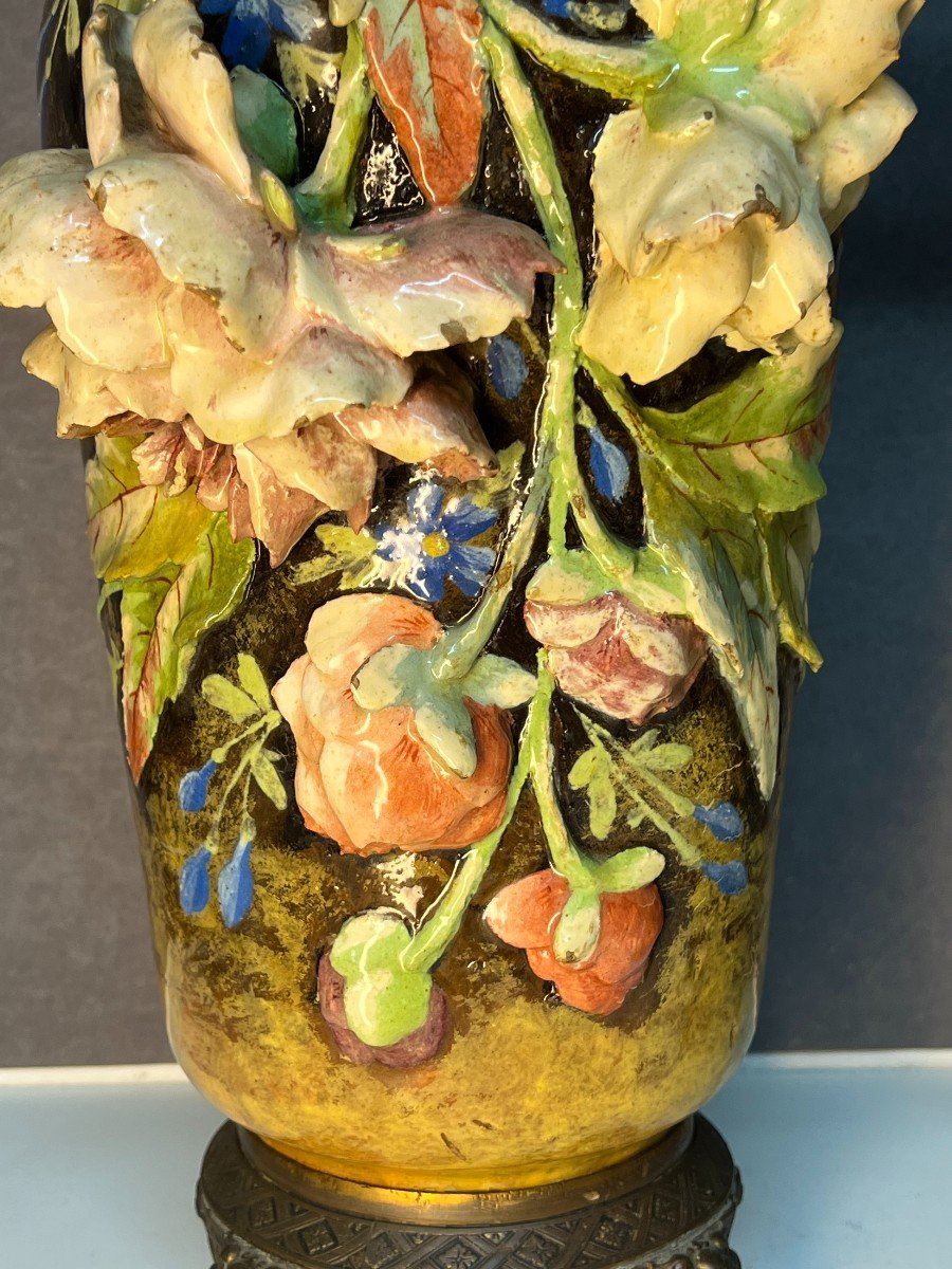 Paire De Vases Ancien En Faïence Barbotine Polycgrome,  Dlg De Edouard Gilles, XIXe-photo-4