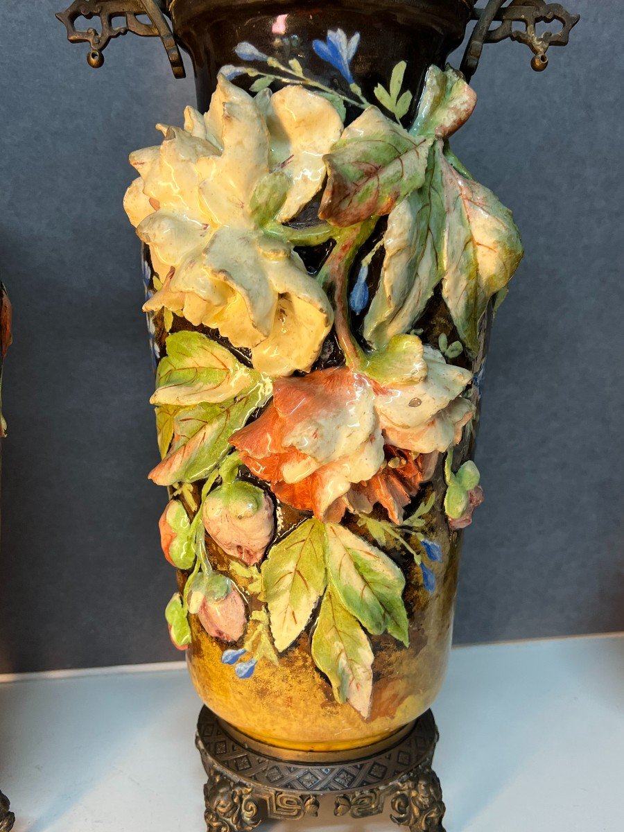 Paire De Vases Ancien En Faïence Barbotine Polycgrome,  Dlg De Edouard Gilles, XIXe-photo-3