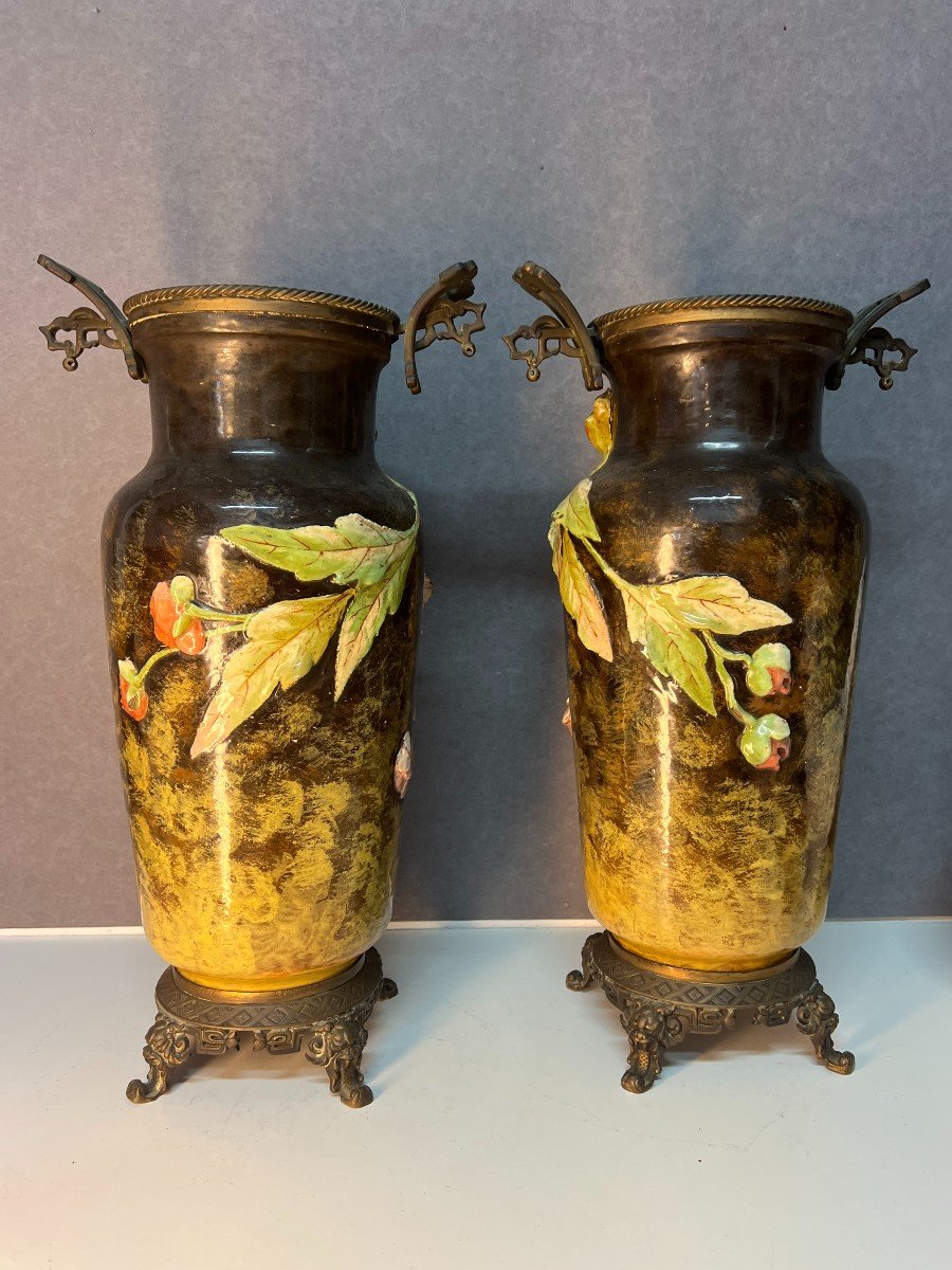Paire De Vases Ancien En Faïence Barbotine Polycgrome,  Dlg De Edouard Gilles, XIXe-photo-6