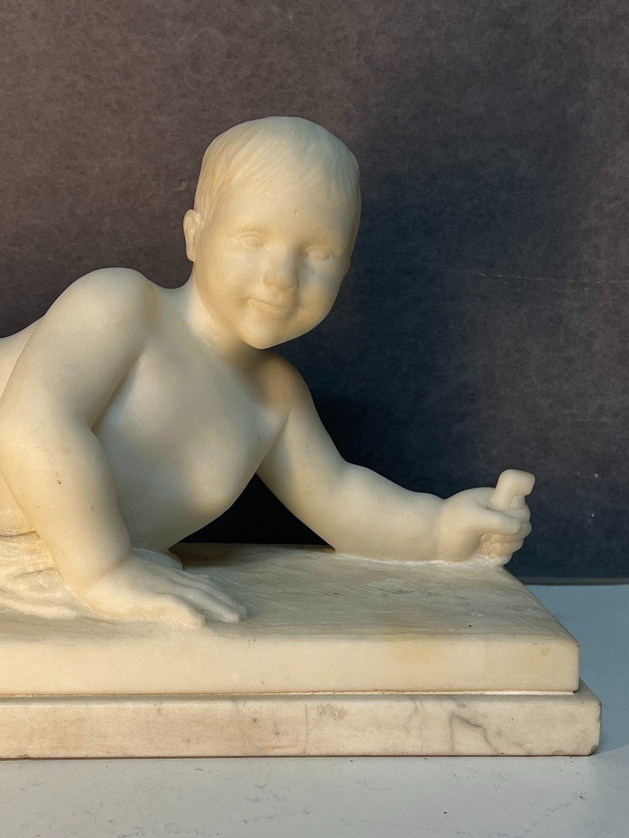 Beautiful And Rare Marble Sculpture By Alexandre Notari, Lying Child-photo-2
