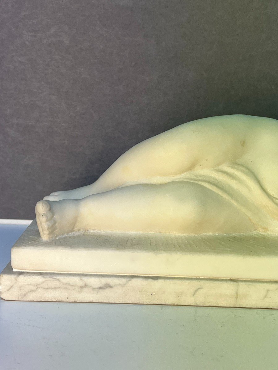 Beautiful And Rare Marble Sculpture By Alexandre Notari, Lying Child-photo-3