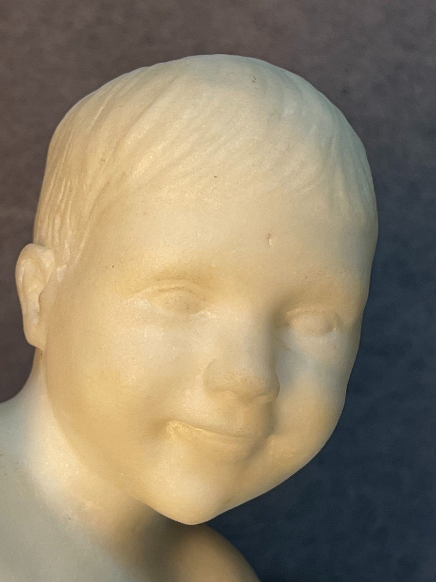 Beautiful And Rare Marble Sculpture By Alexandre Notari, Lying Child-photo-4