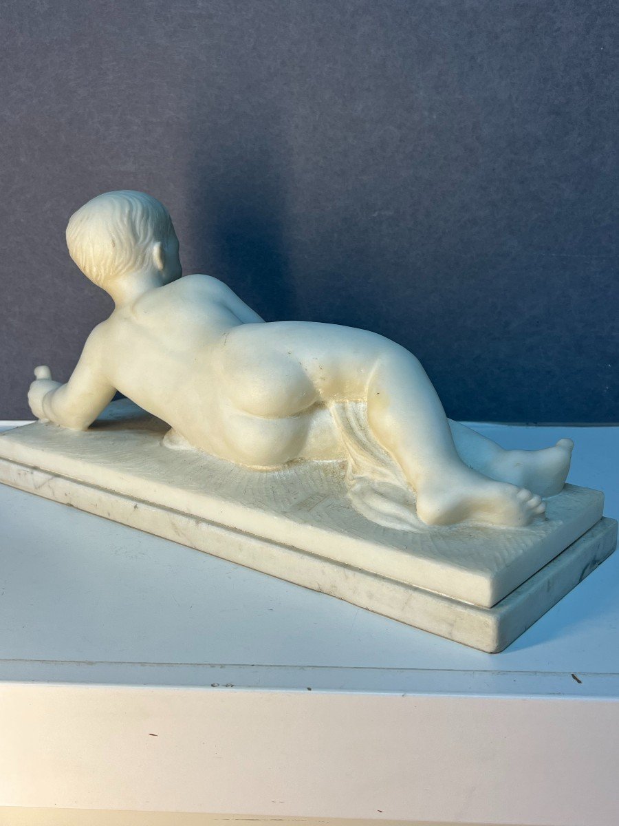 Beautiful And Rare Marble Sculpture By Alexandre Notari, Lying Child-photo-3
