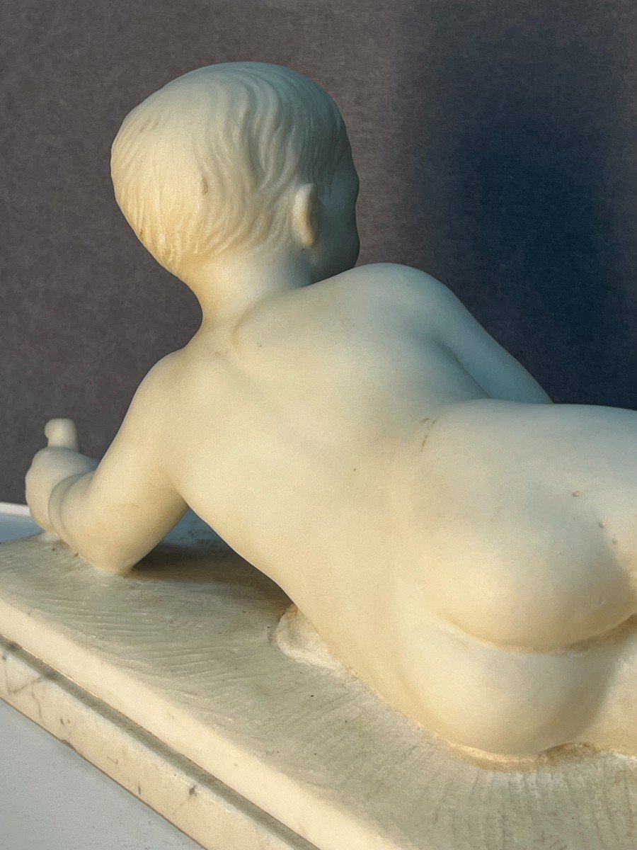 Beautiful And Rare Marble Sculpture By Alexandre Notari, Lying Child-photo-5