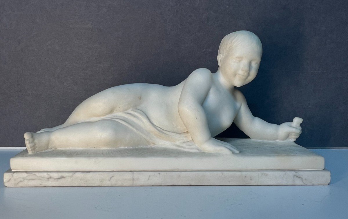 Beautiful And Rare Marble Sculpture By Alexandre Notari, Lying Child