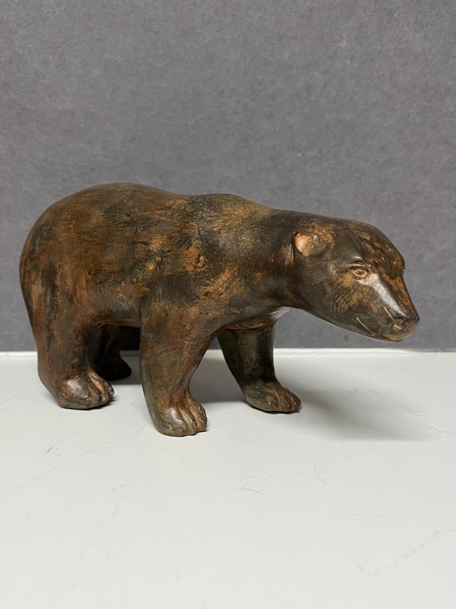 Pierre Chenet (20th Century) Polar Bear Bronze With Ocher Brown Patina-photo-2