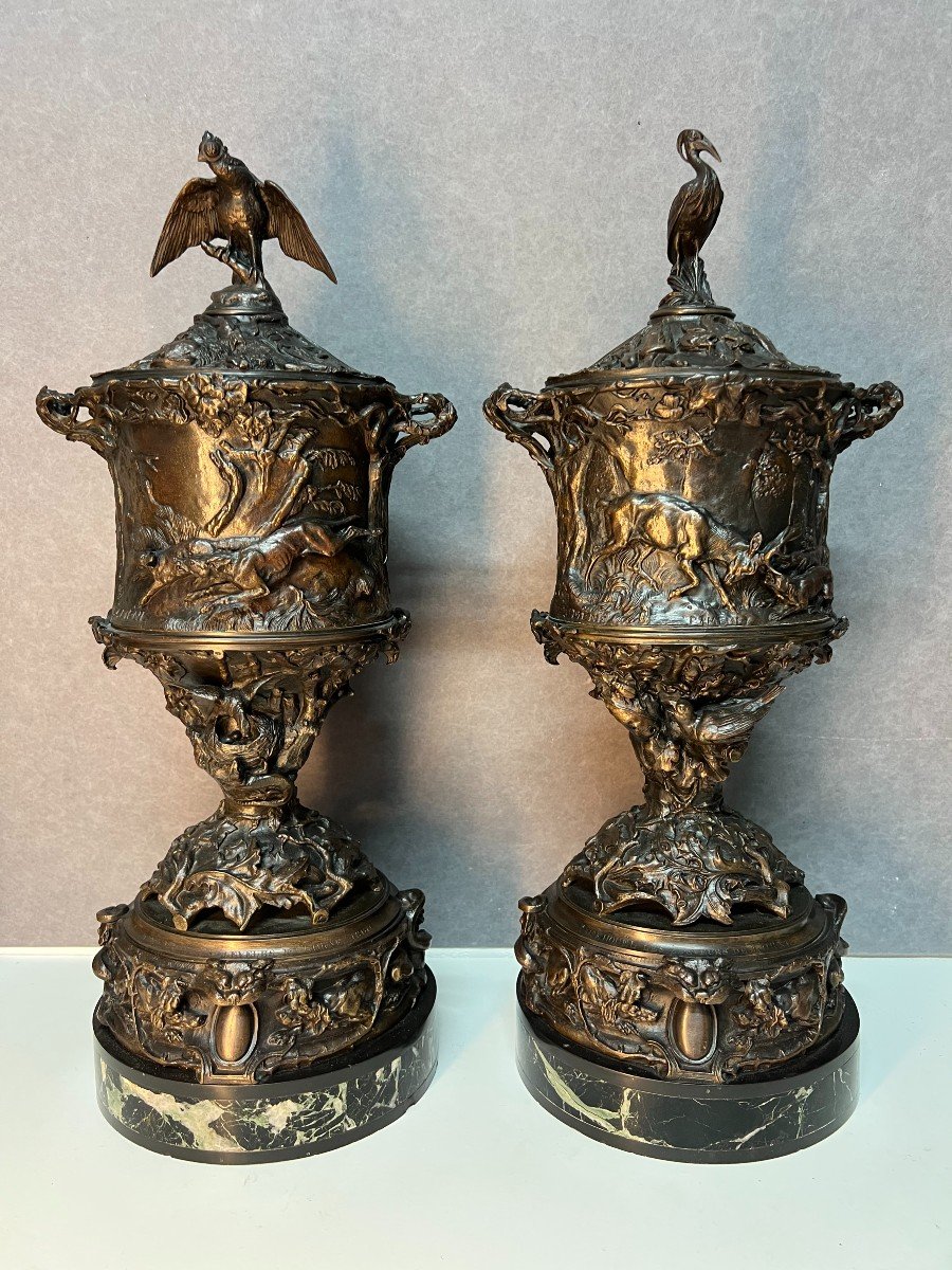 Paire De Vases Couvert En Bronze Sculpté De Pierre Jules Mène Daté 1860-photo-2