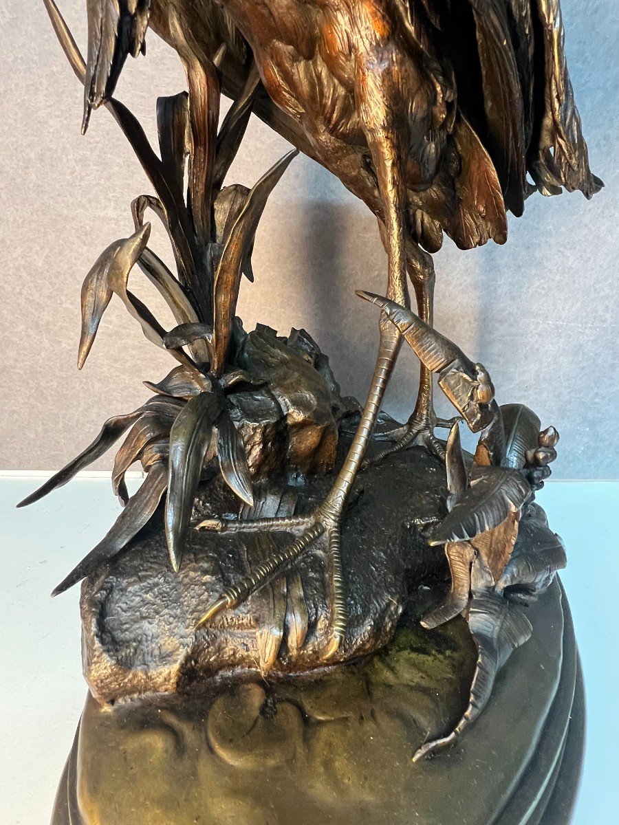 Jules Moignez, Grande Sculpture En Bronze Représentant Un Héron à Deux Patines 55 Cm-photo-3
