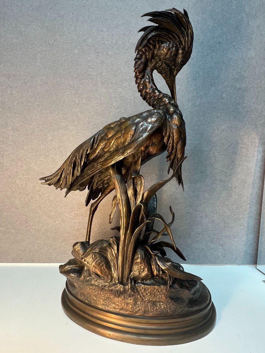 Jules Moignez, Grande Sculpture En Bronze Représentant Un Héron à Deux Patines 55 Cm-photo-4