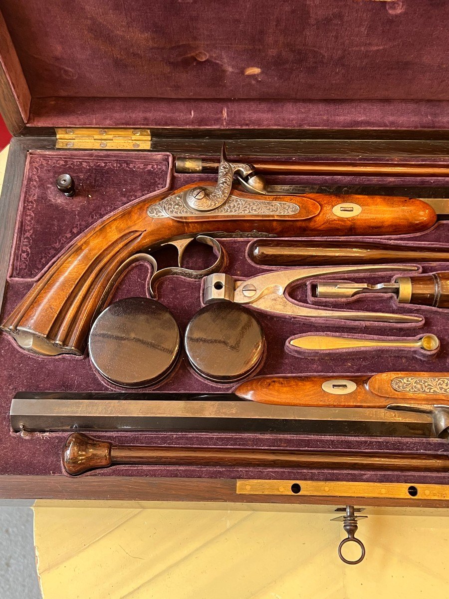 Luxueuse Paire De Pistolets De Duel En Coffret, Par Lagreze à Paris En Palissandre-photo-2