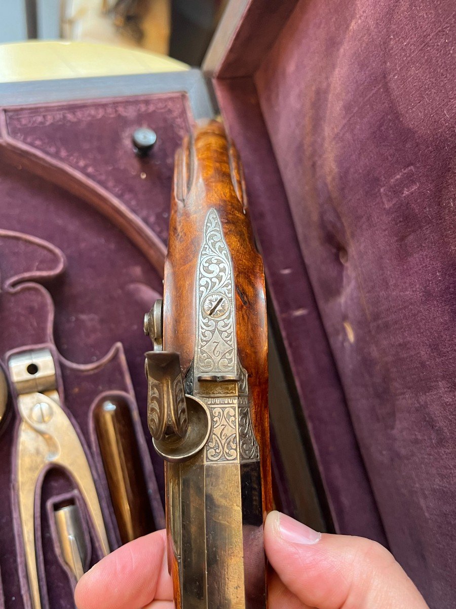 Luxueuse Paire De Pistolets De Duel En Coffret, Par Lagreze à Paris En Palissandre-photo-4