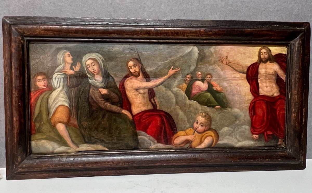 Very Beautiful Painted Religious Painting, Oil On Wooden Panel, 17th Century Period