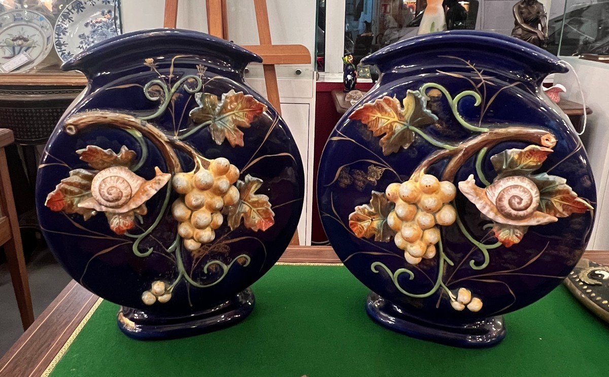 Paire De Vases De Wasmuel, Méplat En Faïence Impressionniste, Epoque 1880, Décor Japonisant XIX