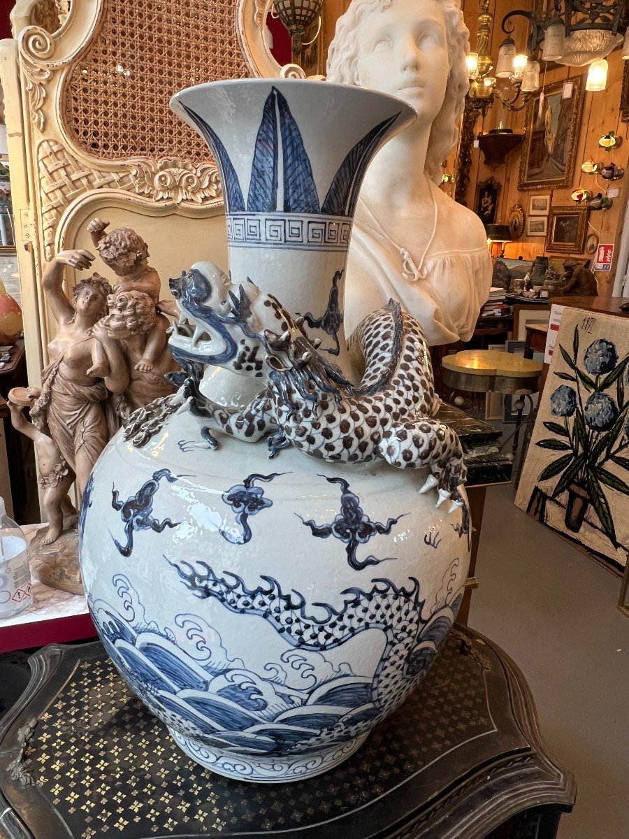 Important Vase En Porcelaine De Chine, Thianqund, XXe 63 Cm à Décor De Dragon à 5 Griffes-photo-4