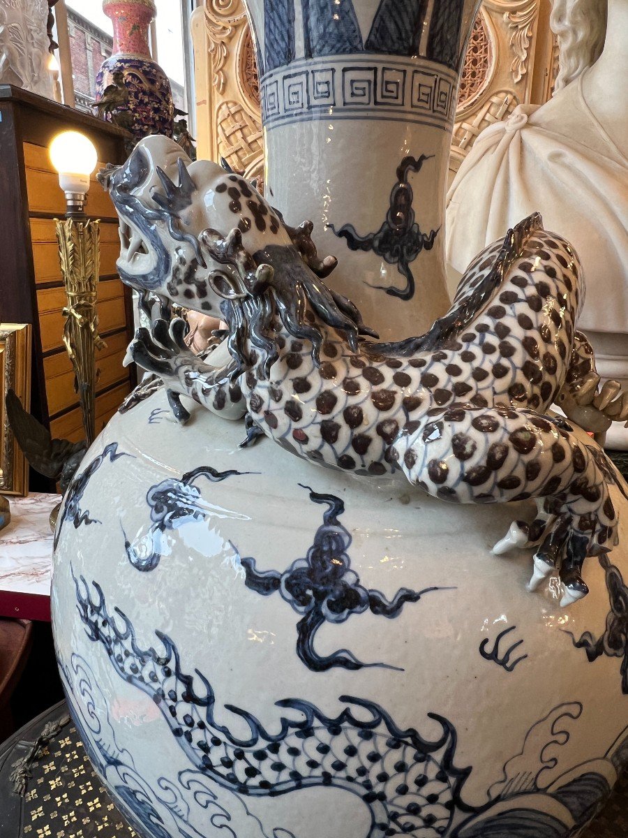 Important Vase En Porcelaine De Chine, Thianqund, XXe 63 Cm à Décor De Dragon à 5 Griffes-photo-3