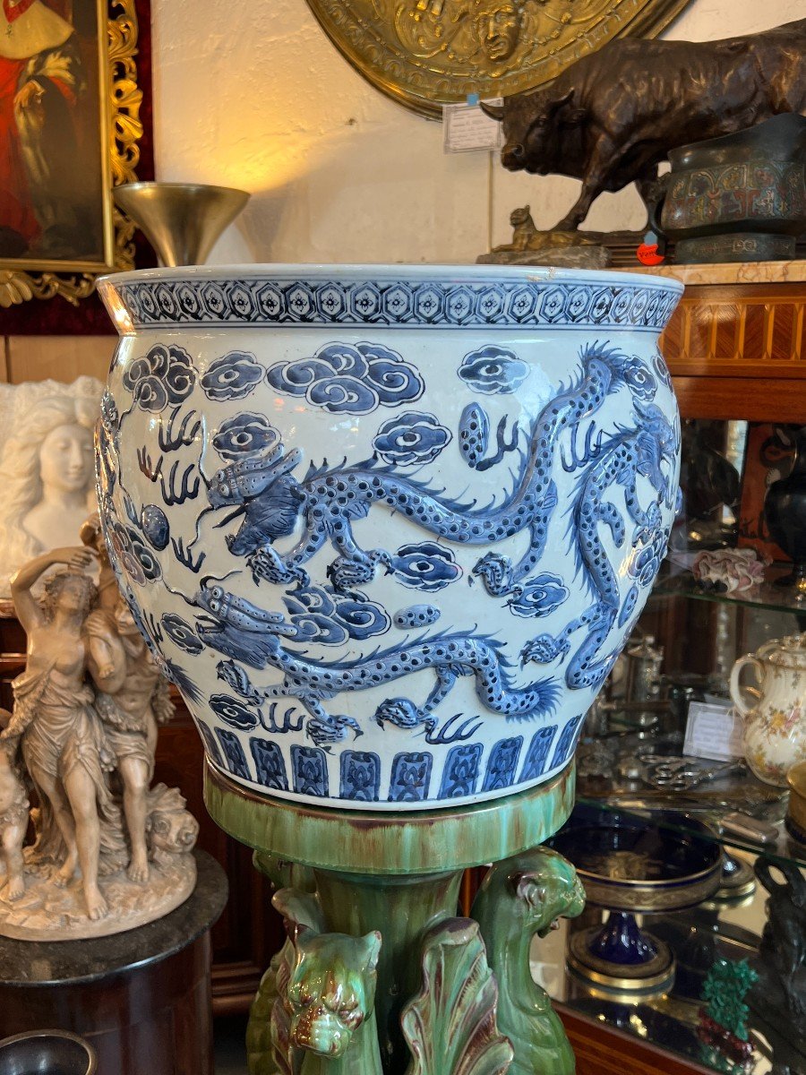 Important Antique Aquarium Vase In Chinese Porcelain, Circa 1900, Dragon Decor -photo-3