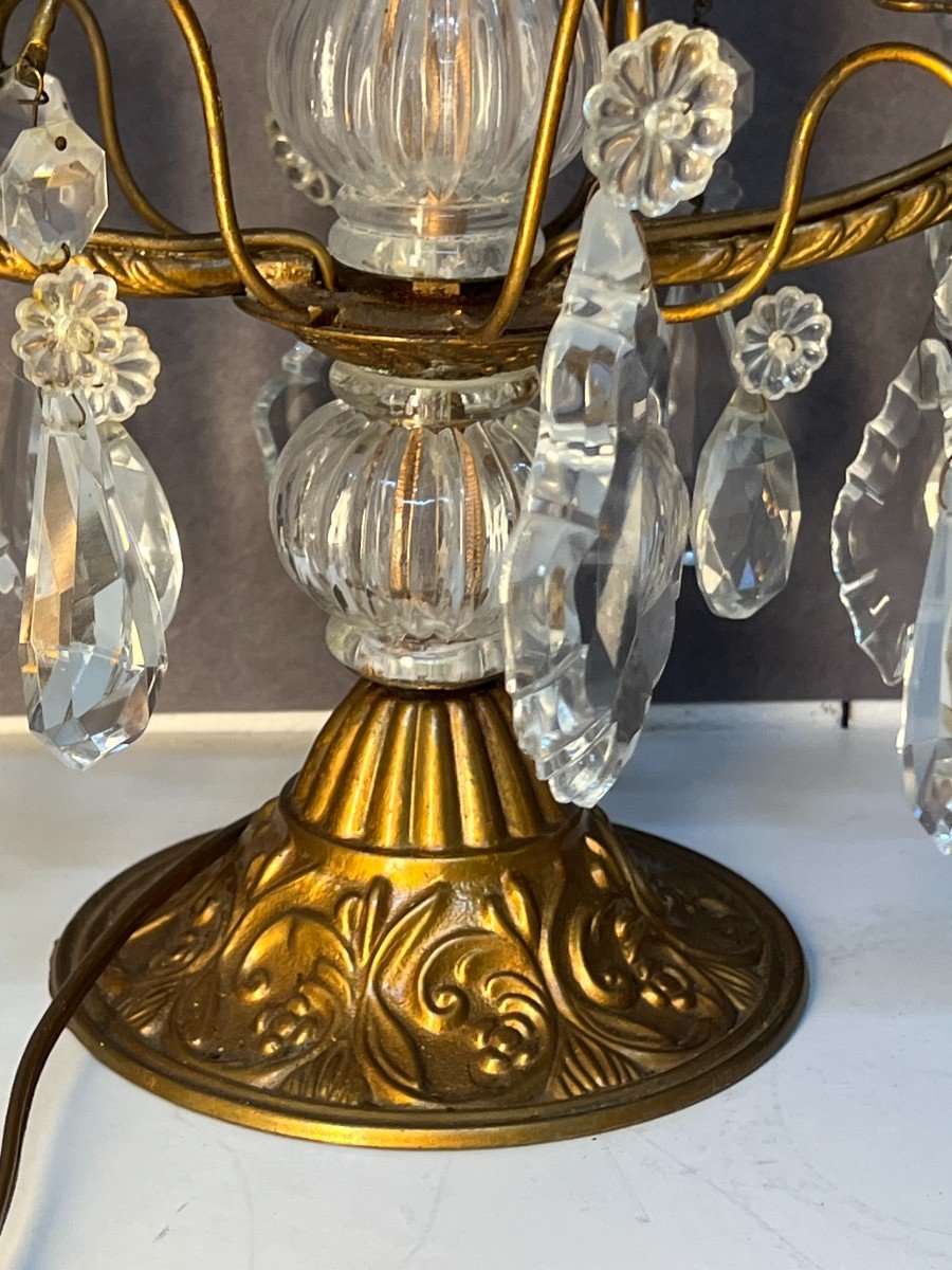 Pair Of Antique Girandoles, In Brass And Cut Glass Pendants, Early 20th Century-photo-3