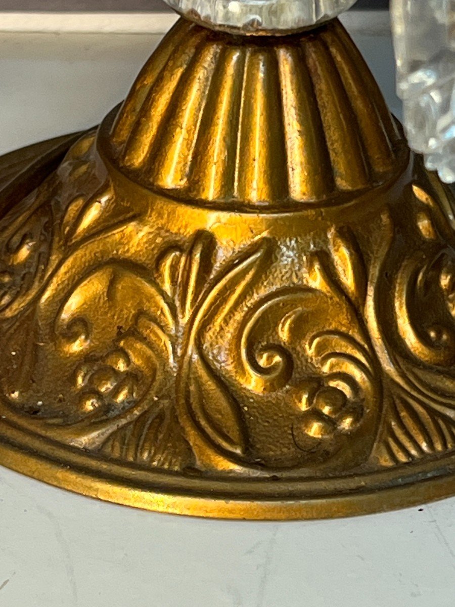 Pair Of Antique Girandoles, In Brass And Cut Glass Pendants, Early 20th Century-photo-4