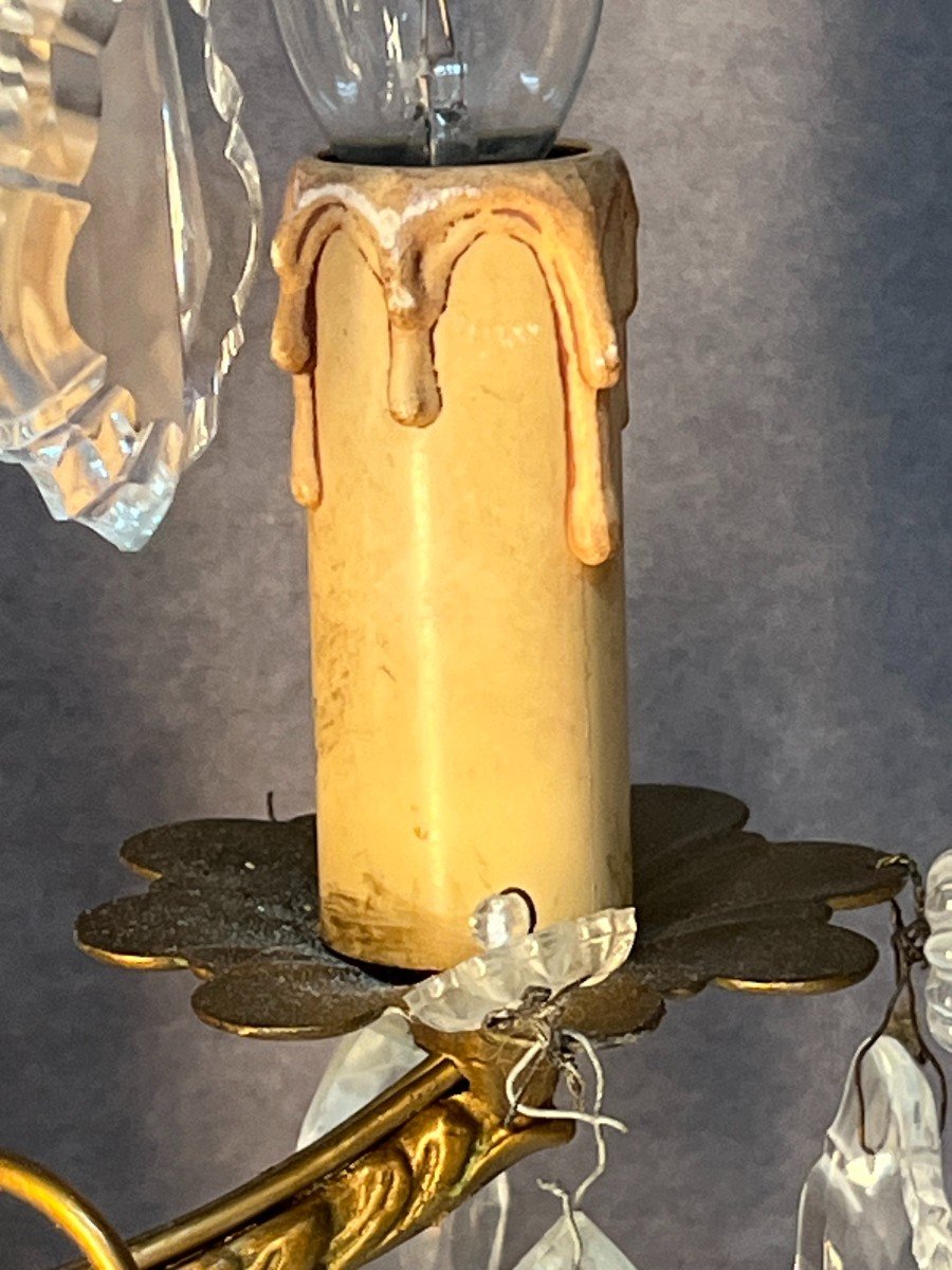 Pair Of Antique Girandoles, In Brass And Cut Glass Pendants, Early 20th Century-photo-5