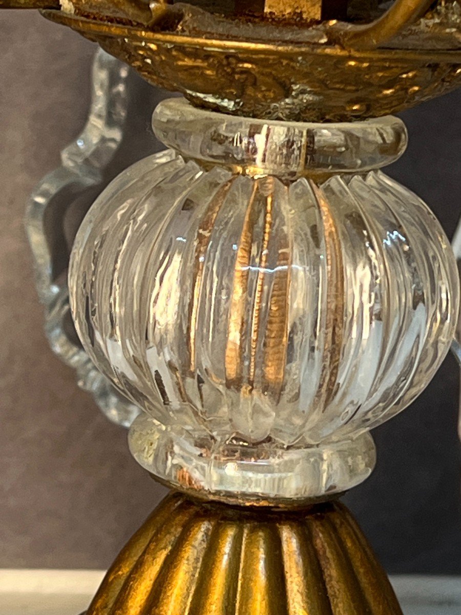 Pair Of Antique Girandoles, In Brass And Cut Glass Pendants, Early 20th Century-photo-7
