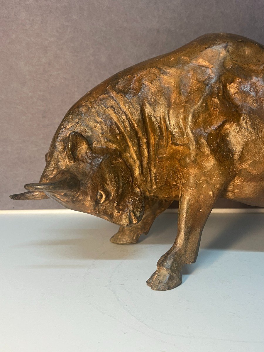Sculpture En Bronze De Pierre Chenet, Représentant Un Taureau Prêt A Charger -photo-2