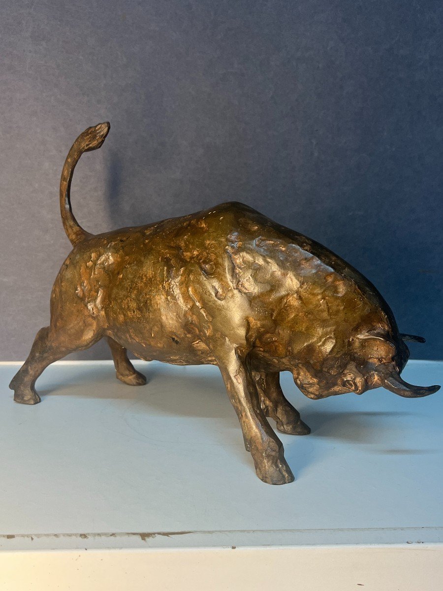 Sculpture En Bronze De Pierre Chenet, Représentant Un Taureau Prêt A Charger -photo-4