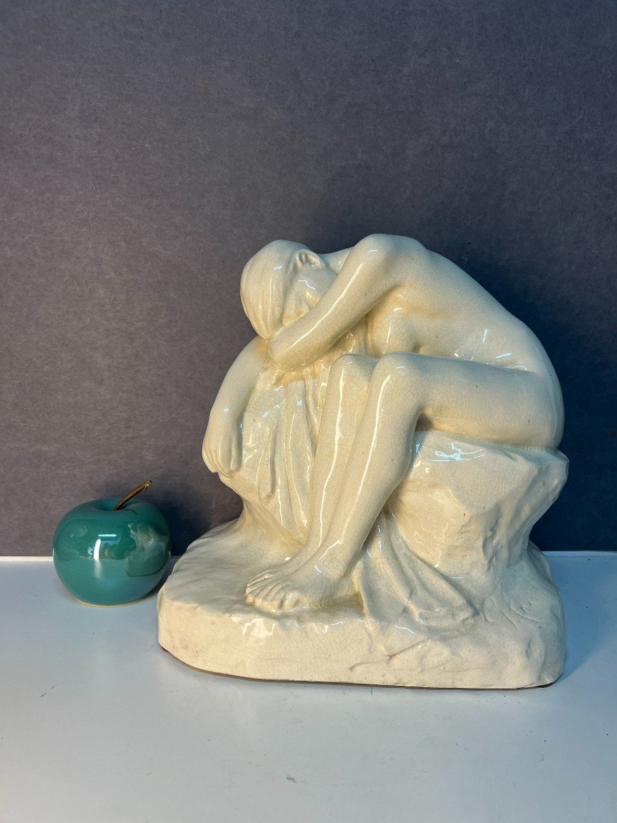 Glazed Terracotta Sculpture, 1930, Nude Woman Seated On A Rock, Edition Kaza G. Granger-photo-2