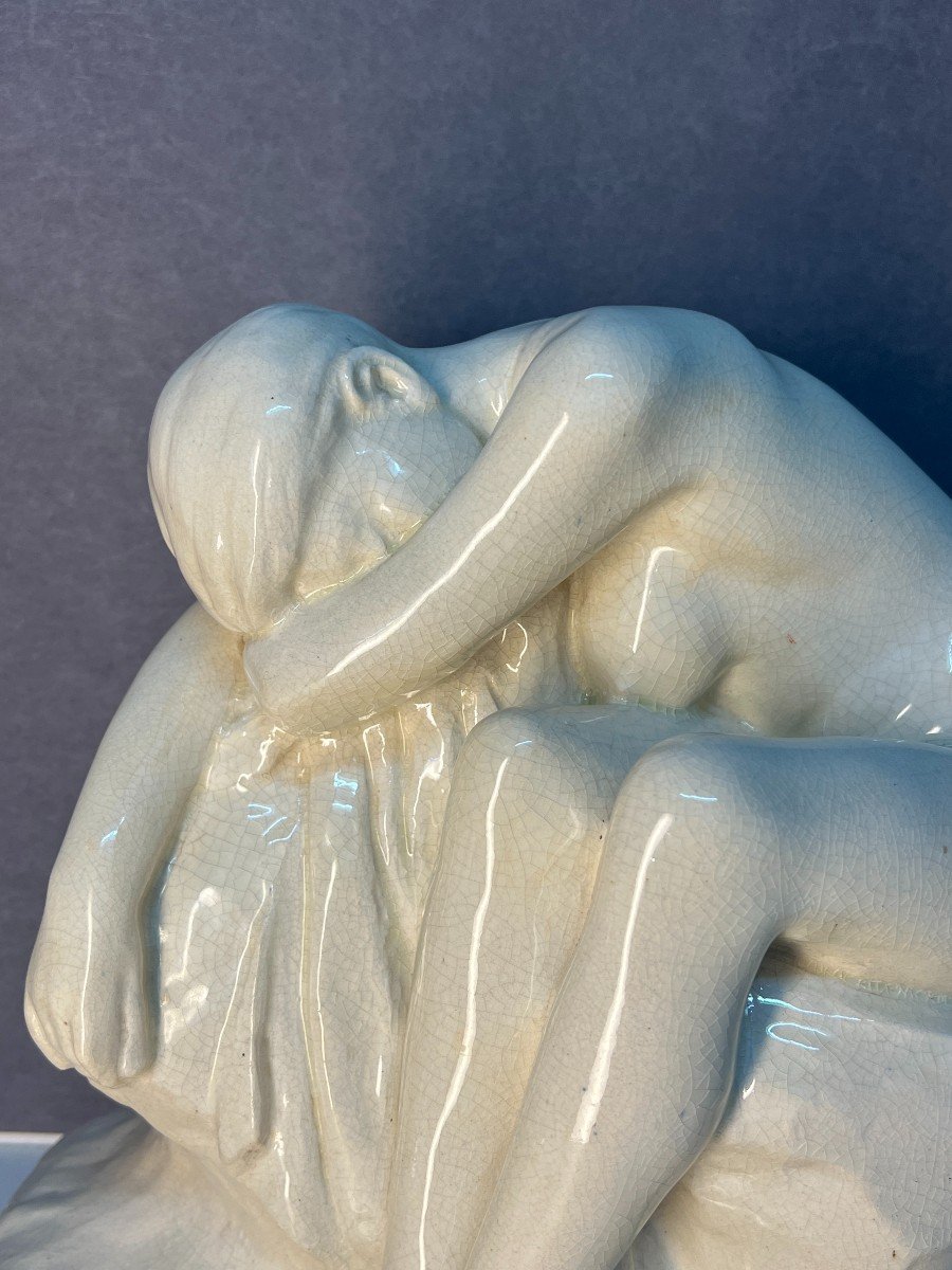 Glazed Terracotta Sculpture, 1930, Nude Woman Seated On A Rock, Edition Kaza G. Granger-photo-3