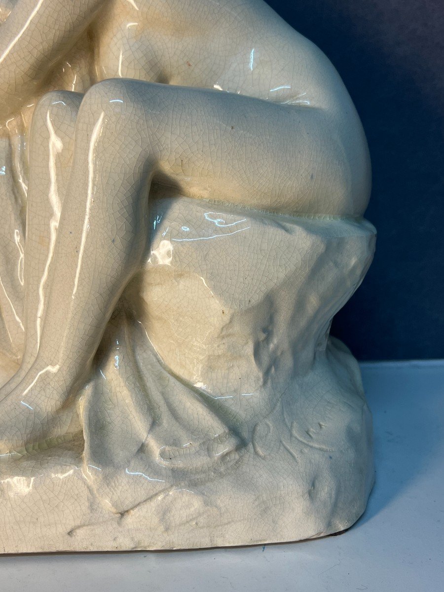 Glazed Terracotta Sculpture, 1930, Nude Woman Seated On A Rock, Edition Kaza G. Granger-photo-1