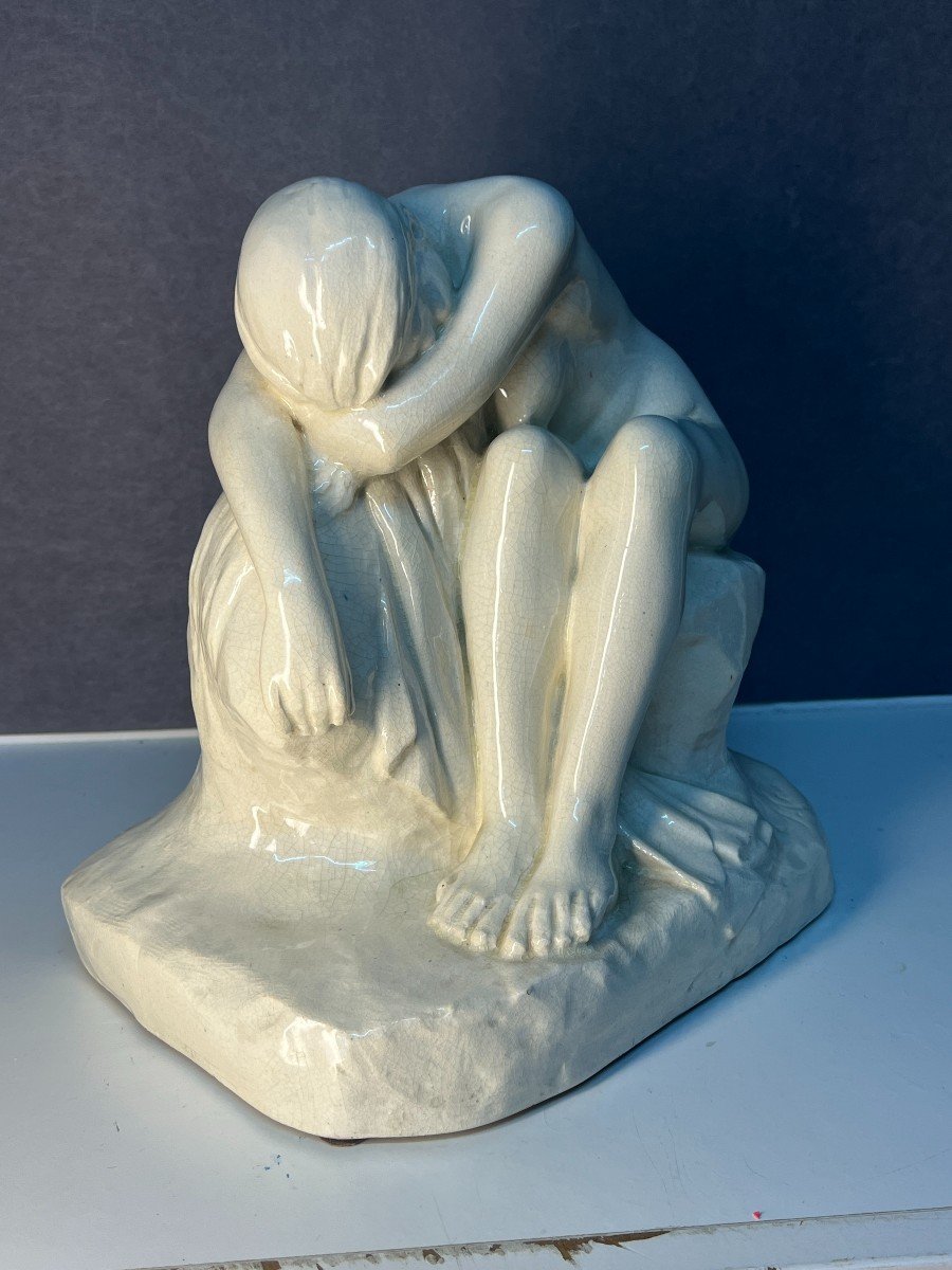 Glazed Terracotta Sculpture, 1930, Nude Woman Seated On A Rock, Edition Kaza G. Granger-photo-6