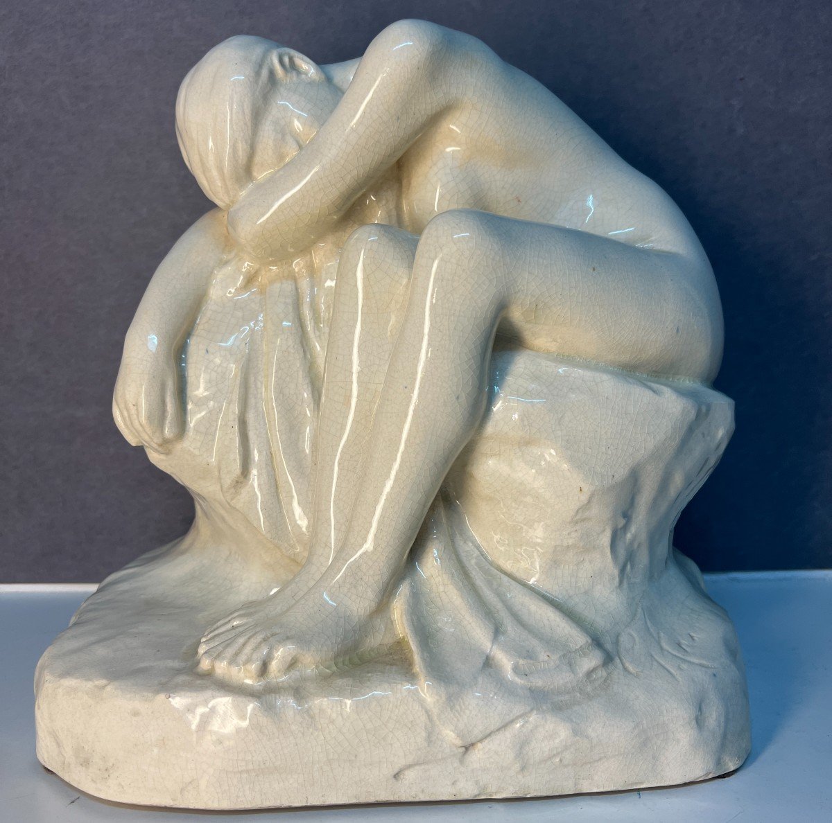 Glazed Terracotta Sculpture, 1930, Nude Woman Seated On A Rock, Edition Kaza G. Granger