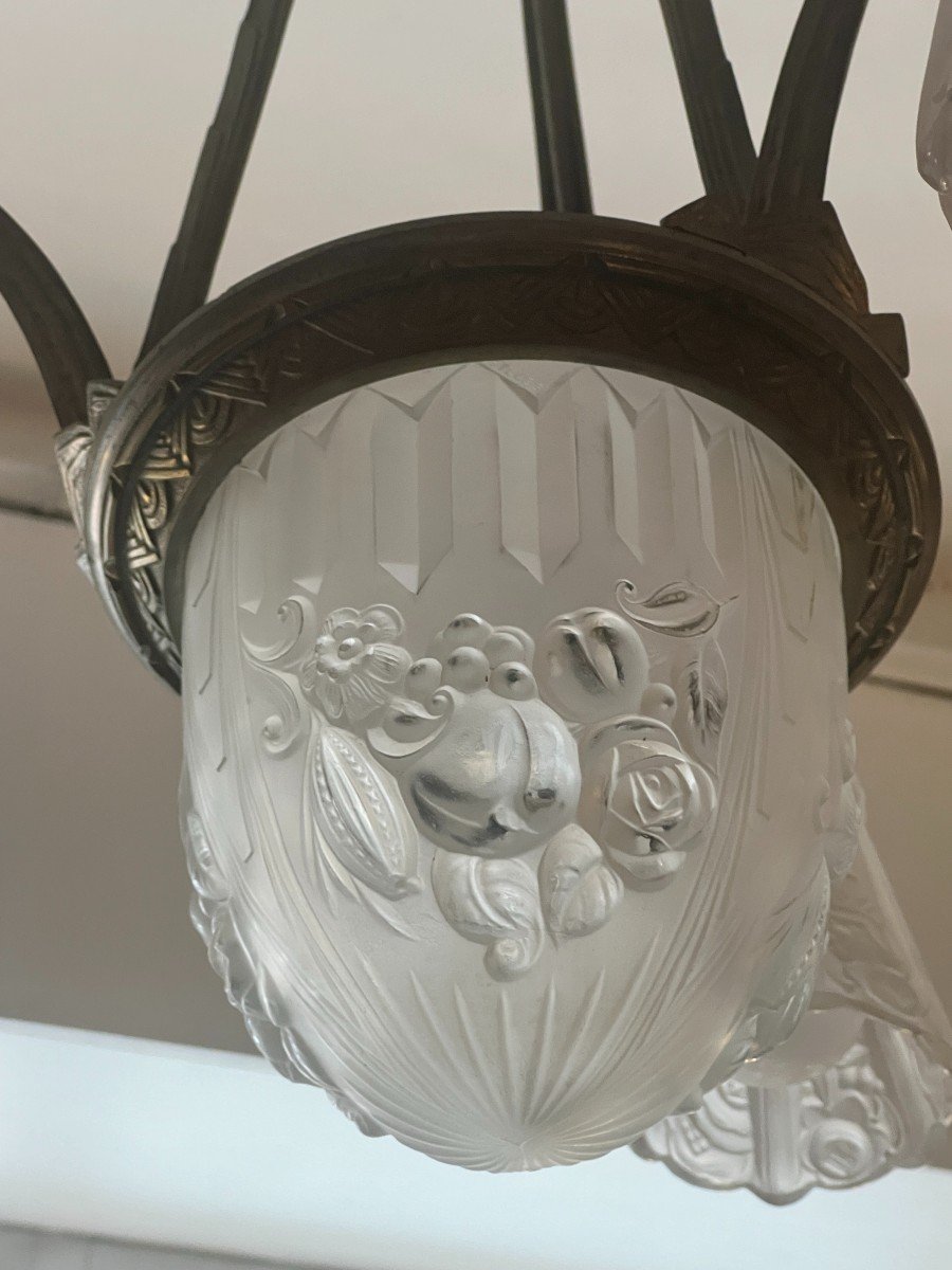 Pierre Gilles, Very Beautiful Art Deco Chandelier 1930, In Bronze And Pressed Molded Glass, 77 Cm-photo-3