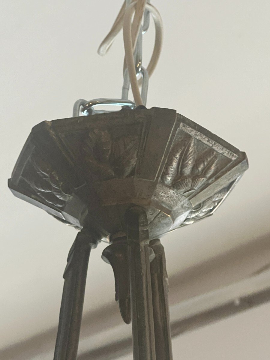 Pierre Gilles, Very Beautiful Art Deco Chandelier 1930, In Bronze And Pressed Molded Glass, 77 Cm-photo-5