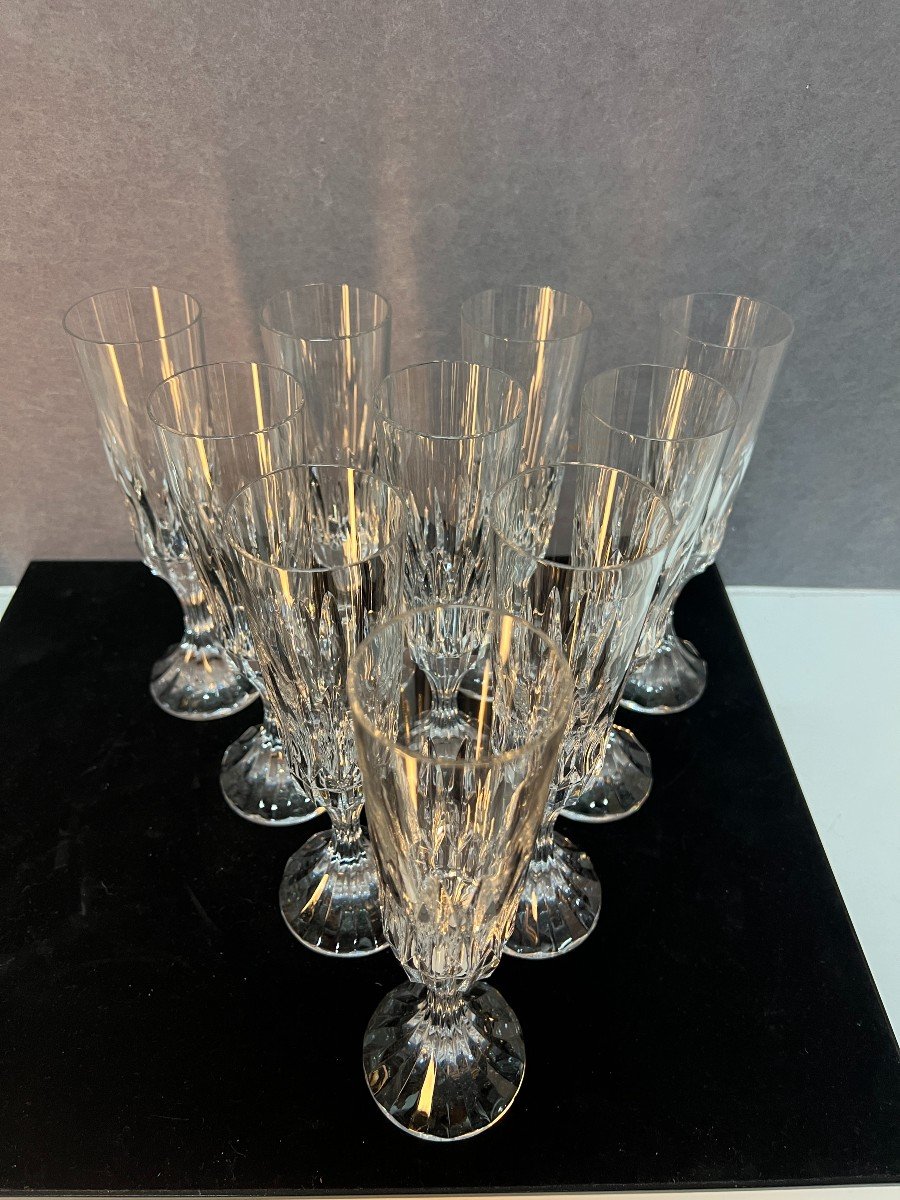 Set Of 10 Baccarat Crystal Champagne Flutes, Assas Model, Height 21.6 Cm-photo-2