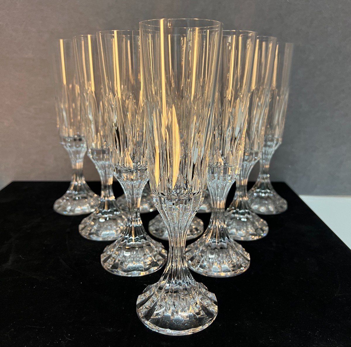 Set Of 10 Baccarat Crystal Champagne Flutes, Assas Model, Height 21.6 Cm
