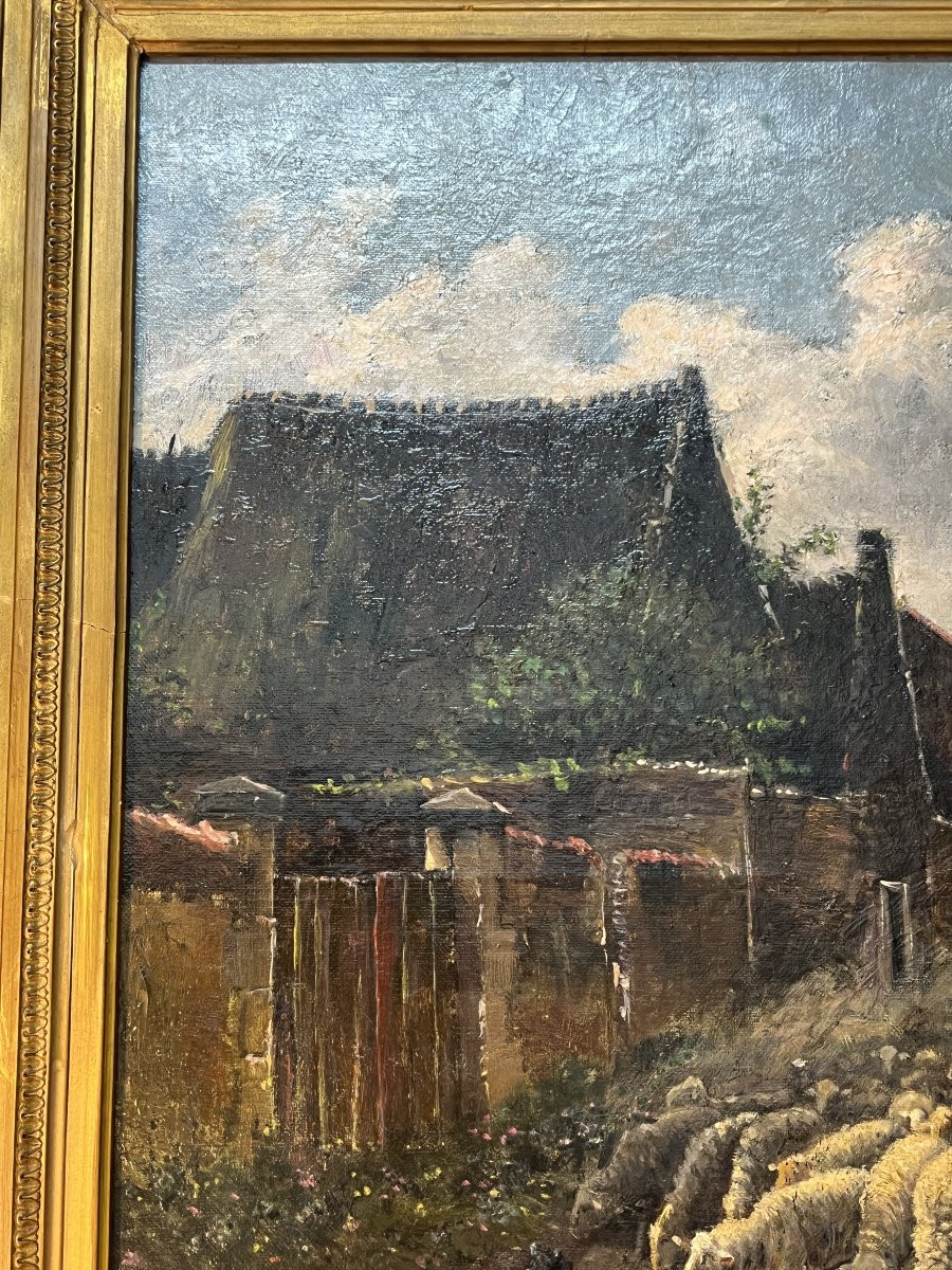 Tableau Ancien, Signé De Jules Louis Rame (1855-1927)  Les Bergers Avec Leurs Moutons Et Chien-photo-2