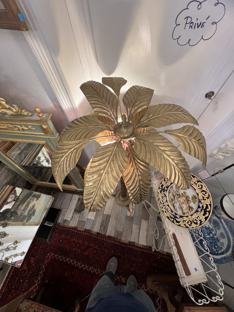 Gilt Brass Floor Lamp, Palm Tree Shape, Jansen Style, Circa 1970/80-photo-2